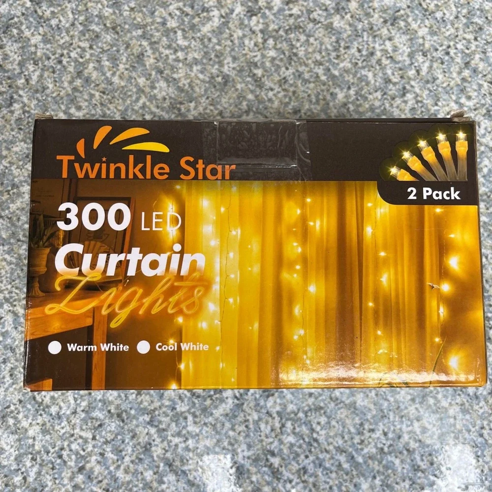 Twinkle Star Curtain Lights 300 LED 2 Pack Warm White Indoor Outdoor 8 Modes New
